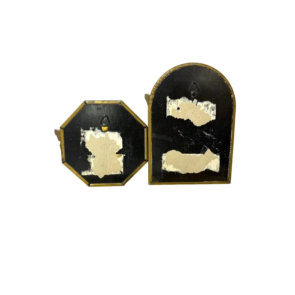 Vintage Brass Butterfly Wall Mirror Set Enameled Accents Octagon Arch Decor